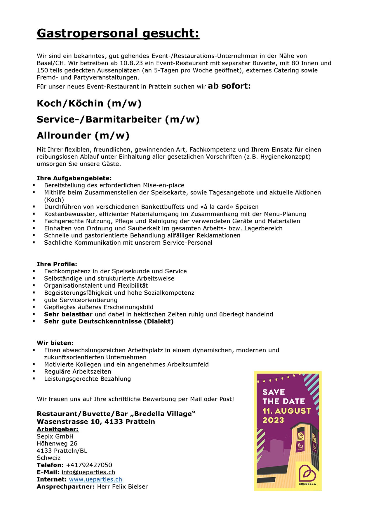 Original-Stelleninserat Bredella Village: Koch, Service/Bar, Allrounder
