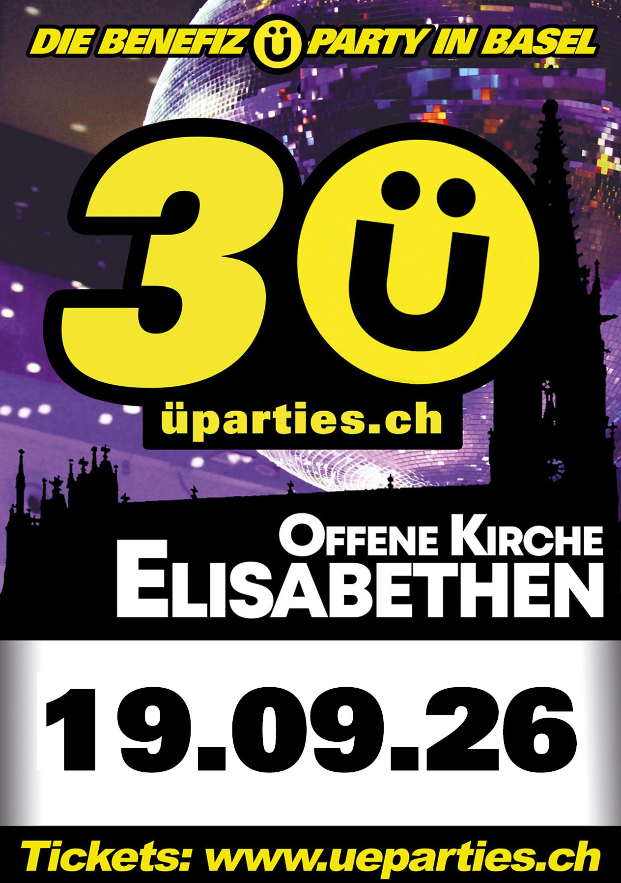 Original-Flyer der Ü30 Benefiz-Party in der Offenen Kirche Elisabethen Basel